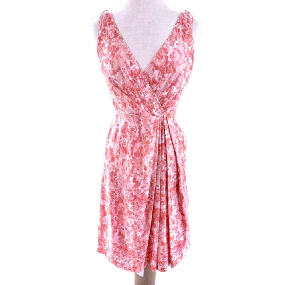 Talbots Sleeveless Pink Peach Floral Faux Wrap Dress Size 6 Pleated Skirt EUC